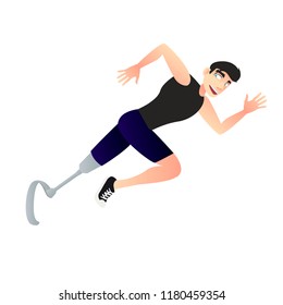 Happy man with a running prosthesis on a white background