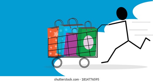Happy man runs after a shopping cart with colored paper bags. Sales discounts. Vector flat illustration