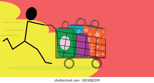 Happy man runs after a shopping cart with colored paper bags. Sales discounts. Vector flat illustration