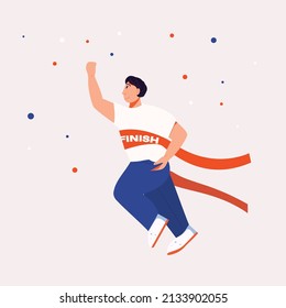 A happy man runs and breaks the finish line. Winner. Vector illustration flat