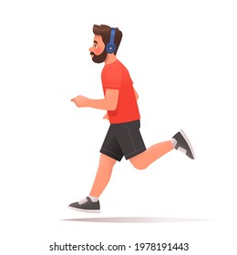 Happy man runs on a white background. The guy listens to music on headphones while jogging. Vector illustration in cartoon style