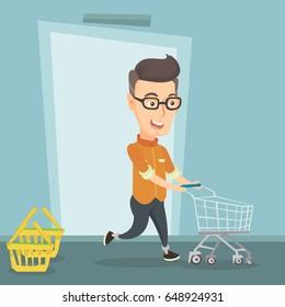Happy man rushing to shopping. Cheerful customer running into the shop with an empty shopping trolley. Adult caucasian man pushing a supermarket trolley. Vector flat design illustration. Square layout