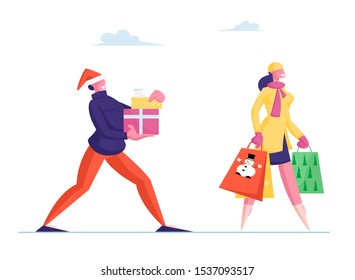 Happy Man in Santa Hat Carry Gift Boxes Wrapped with Bow, Woman with Festive Paper Bags. People Prepare Presents for Family and Friends on Winter Holidays Celebration. Cartoon Flat Vector Illustration