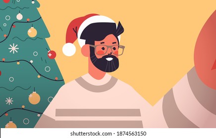 happy man in santa hat holding camera and taking selfie near fir tree new year christmas holidays celebration concept horizontal portrait vector illustration