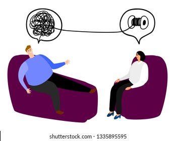 Happy man in the seat of psychotherapy vector illustration. Tangled and untangled brain metaphor. Psychotherapy results vector concept. Psychotherapy and psychiatrist, counseling psychiatry woman