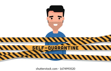 Happy Man in Self Quarantine Behind Tape Illustration 