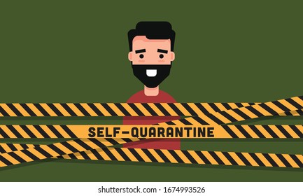 Happy Man in Self Quarantine Behind Tape Illustration 
