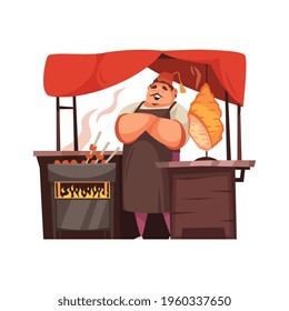 Happy man selling kebab at eastern market flat vector illustration