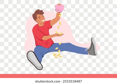 Happy man shakes out money and piggy banks and rejoices at presence savings that create financial security. Boy laughs after receiving piggy bank with coins that allow to make long-awaited purchase.