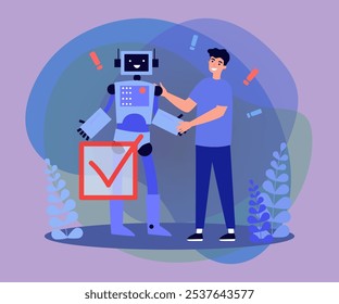 Happy man shaking hands with comic robot vector illustration. Male person making friends with robotic character, checkmark of approval. Artificial intelligence, modern technology, emotions concept