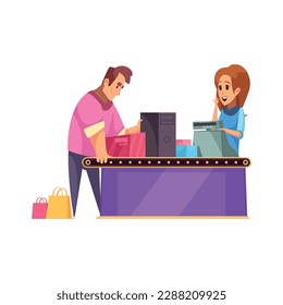 Happy man shopaholic paying for goods at cashdesk cartoon vector illustration