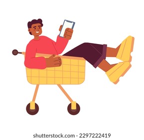 Happy man in shopping trolley holding phone semi flat colorful vector character. Purchasing. Editable full body person on white. Simple cartoon spot illustration for web graphic design and animation