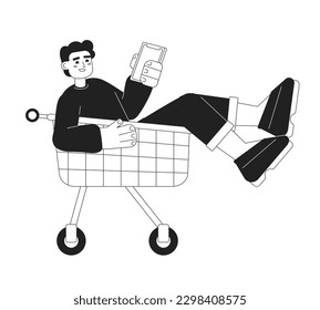 Happy man in shopping trolley holding phone monochromatic flat vector character. Editable thin line full body person on white. Simple bw cartoon spot image for web graphic design, animation