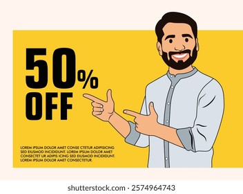 Happy man showing 50 percent off  display Banner vector illustration and 50 percent off banner design  50 percent off banner with man cartoon with yellow background