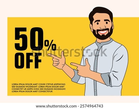 Happy man showing 50 percent off  display Banner vector illustration and 50 percent off banner design  50 percent off banner with man cartoon with yellow background