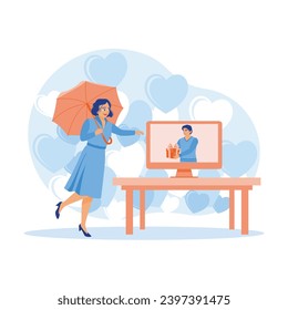 Happy man showing a gift to his partner on a virtual date. Make long-distance calls with your partner. virtual Relationships concept. Trend Modern vector flat illustration
