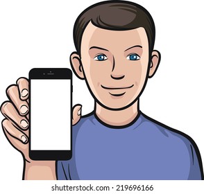 happy man showing a mobile app on a smart phone