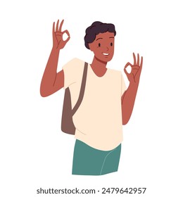 Happy man showing okay gesture with smile. Cute male student with backpack and casual clothes standing to show positive sign of body language, portrait of young person cartoon vector illustration