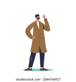 Happy man showing okey gesture. Positive and satisfied male hipster hold agree ok sign with cheerful smile. Positive emotion concept. Cartoon flat vector illustration