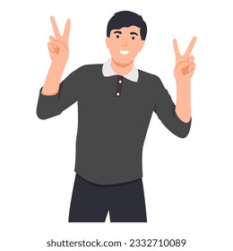 Happy man showing peace gesture, friendly face. Two-finger symbol. Flat vector illustration isolated on white background
