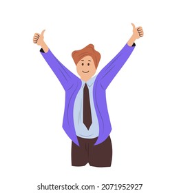 Happy man showing positive emotions and hand gesture.  Happiness guy communication character expression and smile. Human different sign .Greeting language emotion cartoon flat vector illustration