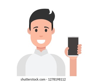Happy man showing smartphone. Vector illustration.