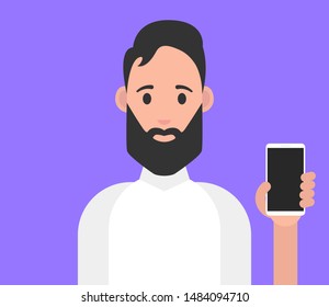 Happy man showing smartphone. Vector illustration.