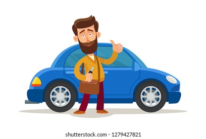 Happy man showing thumbs up and key to his new car. Cool vector flat illustration.