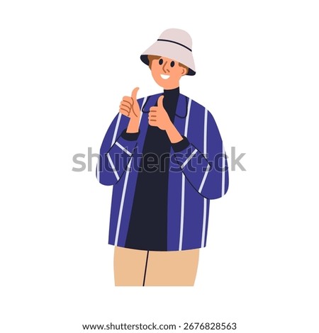 Happy man showing thumbs up, smiling. Joyful excited positive person supporting with approval hand gesture, optimistic expression, emotion. Flat vector illustration isolated on white background