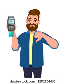 Happy man showing/holding credit/debit card inserted POS terminal payment swipe machine and gesturing thumbs down sign. Payment, sale, shopping, purchase concept illustration in vector cartoon style.