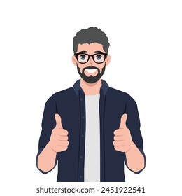 Happy man shows gesture cool two thumbs up. Flat vector illustration isolated on white background