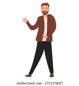 Happy man shows thumb up.Guy thumb lifted up. Vector flat character.Isolated on a white background.