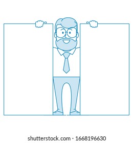 Happy man shows two banners. Design for comparing device specifications. Character - a man in glasses and with beard. Office worker in a shirt with a tie. Illustration in line art style. Vector