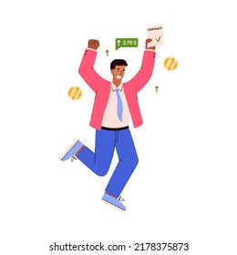Happy man signed successful contract on stock market, flat vector illustration isolated on white background. Cheerful trader character jumping. FInance and investment concepts.