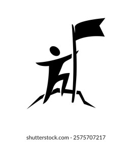 Happy man silhouette with flag in a hand, standing on a mountain top peak and holding a flagpole. Success and award concept symbol. One black color motivation sign. Elegant style achievement logo.