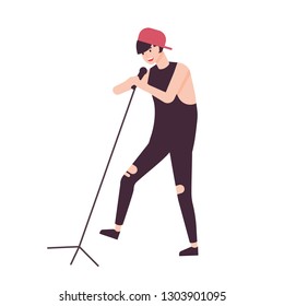 Happy man singer, rock vocalist or punk rocker wearing cap and singing in microphone. Male cartoon character performing song on stage. Young soloist or vocalist. Flat cartoon vector illustration.