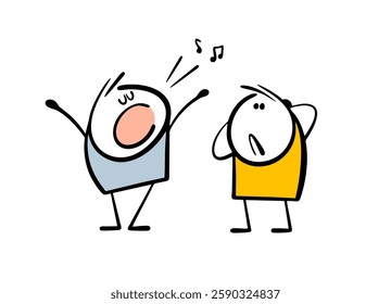 Happy man sings a song loudly. Vector illustration of a friend suffering from a nasty voice and unpleasant music. Isolated cartoon character on white background.