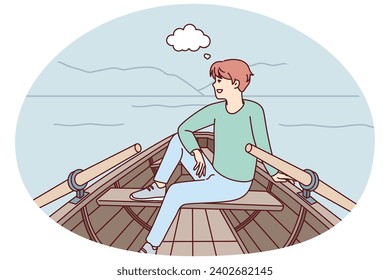 Happy man sit in boat in nature landscape thinking and imagining. Smiling guy relax in ship sailing in river dreaming and visualizing. Vector illustration.