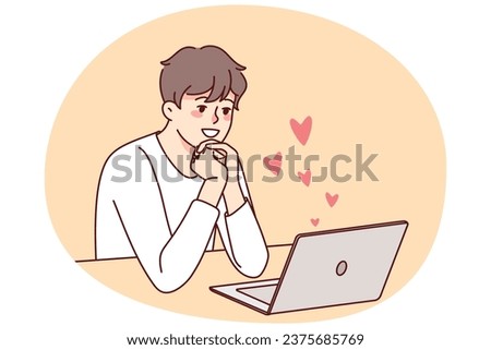 Happy man sit at desk look at laptop screen looking for love. Smiling guy use computer communicate online girlfriend. Relationship on distance. Vector illustration.