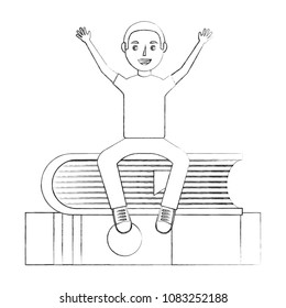 happy man sit in stacked of books learning concept