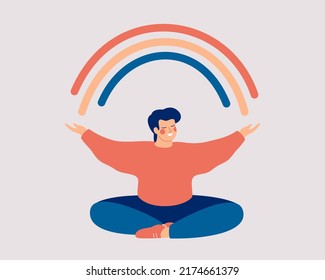 Happy man sits in lotus pose and open his arms to the rainbow. Smiled boy creates good vibe around his. Smiling male character enjoys his freedom and life. Body positive and health care concept