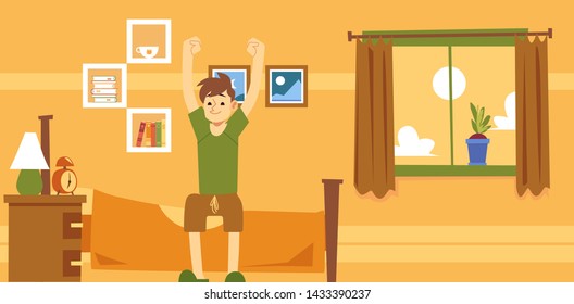 Happy Man Sits On Bed Waking Up In Morning Flat Cartoon Style, Vector Illustration On Interior Background. Yellow Banner Design With Male Character Sitting In Bedroom After Getting Up