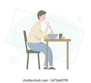Happy man sits at a table and eats noodles from a plate. Cartoon vector illustration. 