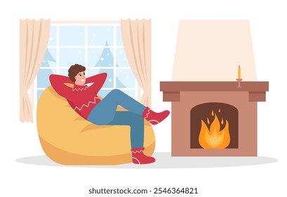 Hombre feliz que se sienta en la silla del bolso del frijol al lado de la chimenea. Invierno acogedor en casa. Temporada invernal nevada, concepto de Clima frío. Carácter masculino. Ilustración vectorial aislada sobre fondo blanco.