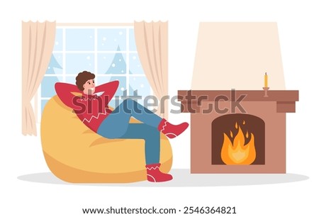 Happy man sitting in bean bag chair next to fireplace. Cozy Winter at home. Snowy winter season, cold weather concept. Male Character. Vector illustration isolated on white background.