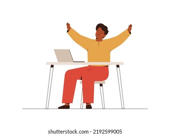 Happy man sitting at desk with laptop and stretching. Smiling male employee or freelancer finished his job. Concept of sport activities and resting at workplace. Vector illustration