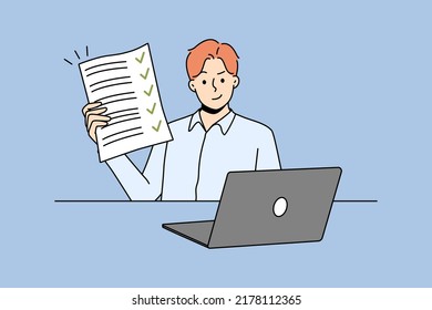 Happy man sitting at desk showing document with all tasks completed. Smiling businessman demonstrate filled form. Success and time management. Vector illustration. 