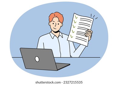 Happy man sitting at desk showing document with all tasks completed. Smiling businessman demonstrate filled form. Success and time management. Vector illustration.