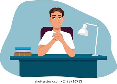 
Happy Man Sitting at his Desk Vector Cartoon Illustration. Cheerful guy relaxing by reading some books at home
