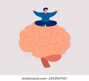 Hombre feliz sentado en el gran cerebro humano. La persona masculina tiene mente sana y bienestar mental. Pensamiento positivo y concepto de prevención de enfermedades mentales.`Ilustración vectorial